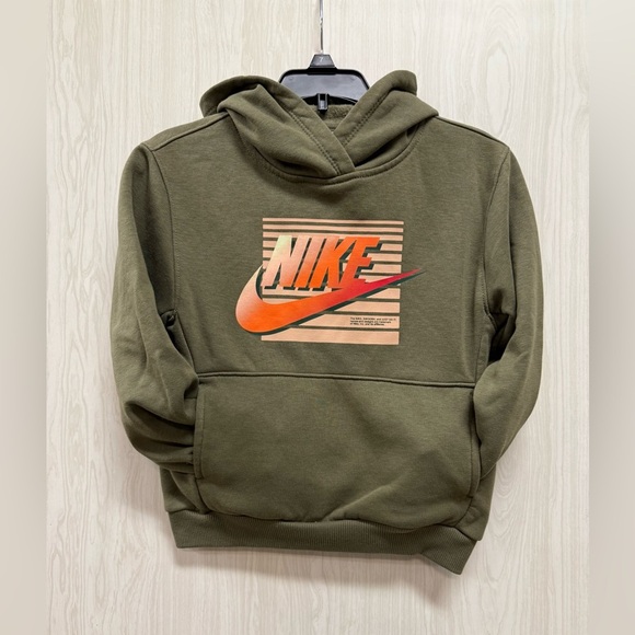 Nike Boy’s 6-7 Hoodie in Olive with Orange Logo 0083 - Picture 1 of 5